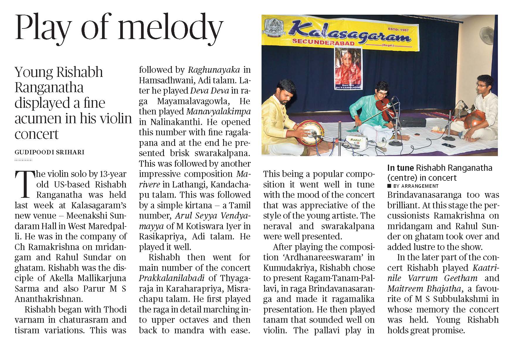 Rishabh Ranganathan - Kalasagaram concert review - Hindu 27July2018
